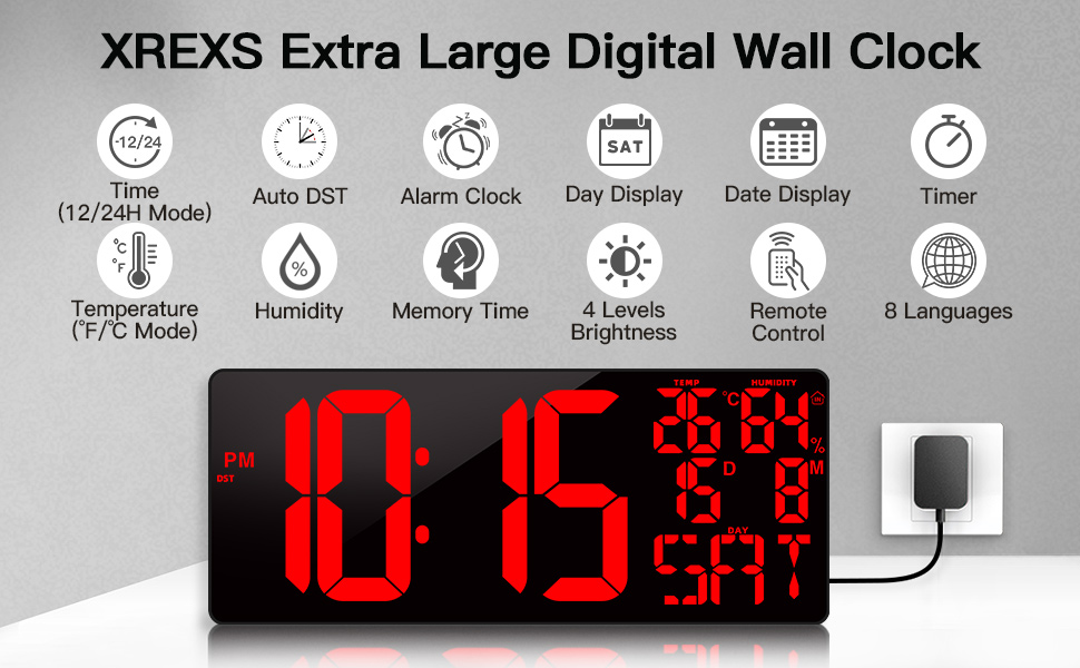 XREXS 16.9'' Extra Large Digital Wall Clock with Remote Control, LED