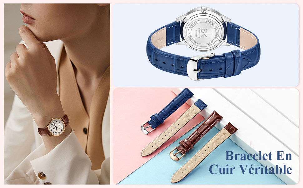 avec cadran rond argenté et bracelet en cuir bleu. Bracelets de montre supplémentaires en cuir coloré illustrés ci-dessous. Personne portant une montre similaire avec bracelet beige.
