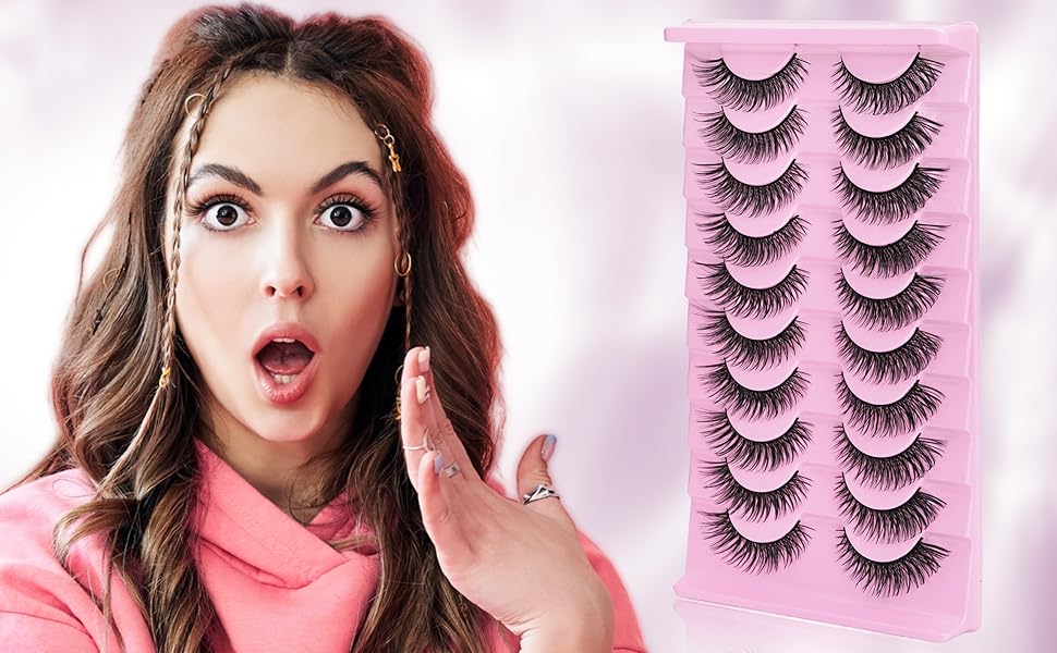 10 Pairs Wispy False Eyelashes with Clear Band, 14MM Fluffy Cat Eye Lashes