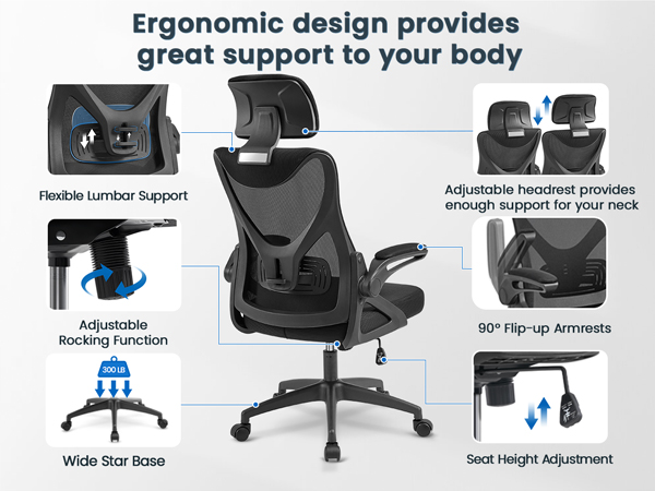 Ergonomic office chair with adjustable features including lumbar support, headrest, rocking function, armrests, and height adjustment. Designed for full-body support with a wide star base.