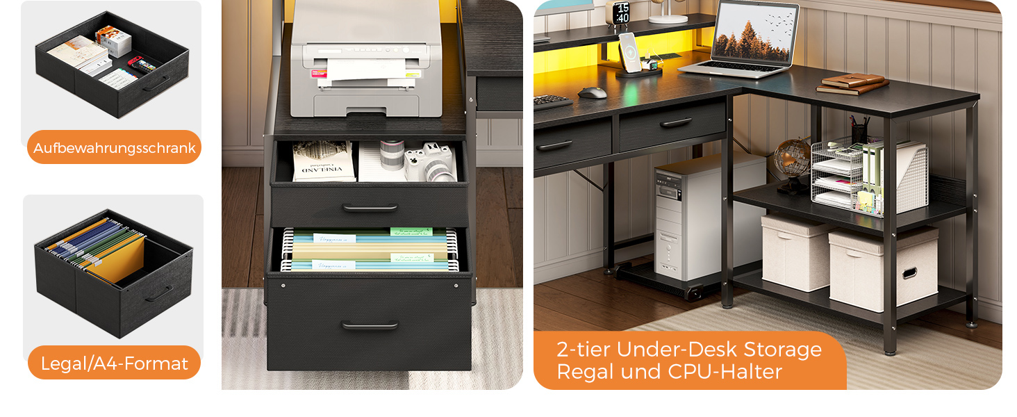 Büroorganisationssystem mit schwarzen Schubladen und Regalen unter dem Schreibtisch zur Aufbewahrung von Dokumenten und Computerausrüstung