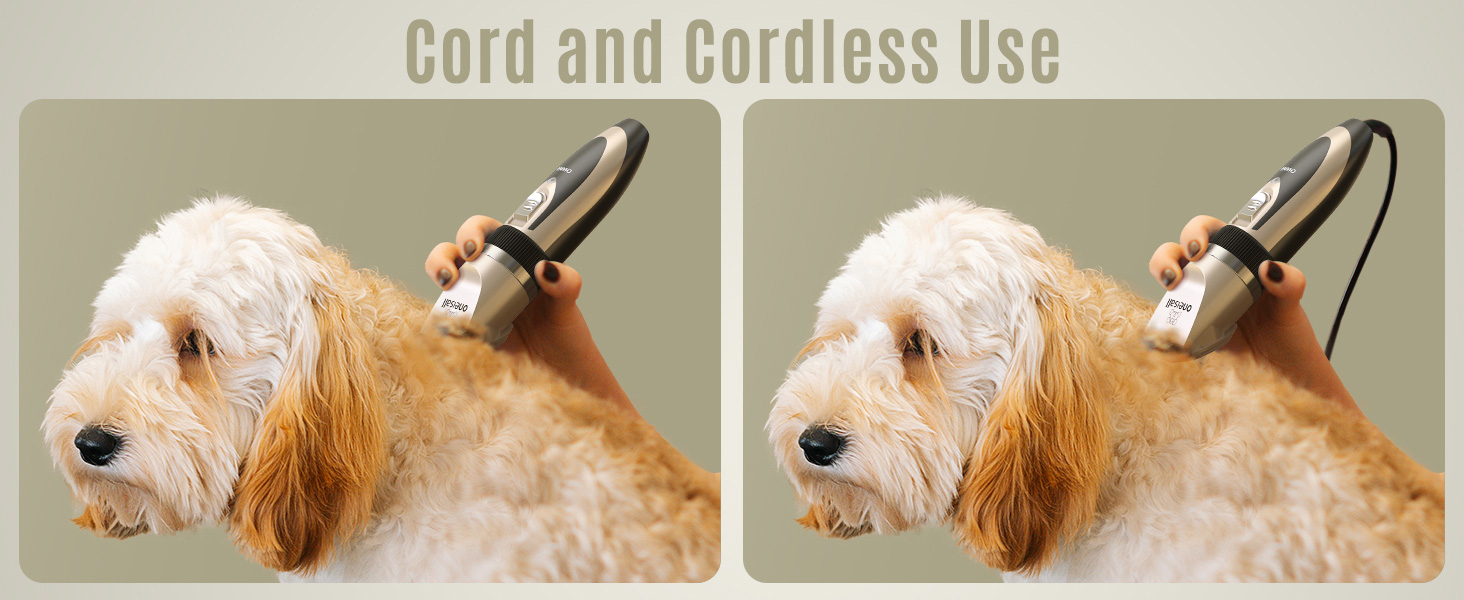 Twee afbeeldingen van een hond die wordt verzorgd met een elektrische tondeuse, waarop het gebruik met en zonder snoer wordt aangetoond. Tekst 'Cord and Cordless Use' bovenaan.
