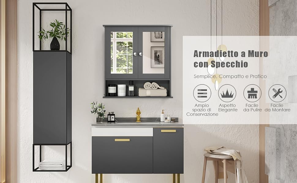 COSTWAY Armadietto Da Bagno Con Specchio, Armadietto Da Parete Con Ripiano Regolabile, Mobile Da Parete Per Bagno, 56 X 12,5 X 58 Cm (Grigio) 13 1