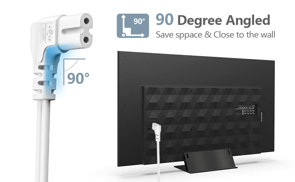 TV Power Cord,Universal 2 Prong Angled NonPolarized 18 AWG