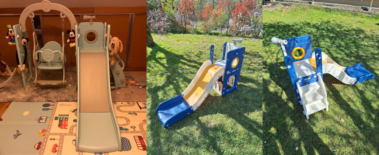 Zwei Spielplatzaufbauten: Holzkonstruktion im Innenbereich mit Rutsche und Spielzeug; Spielplatz aus Kunststoff im Freien mit blauen und gelben Komponenten, Rutschen und Kletteranlagen auf Gras