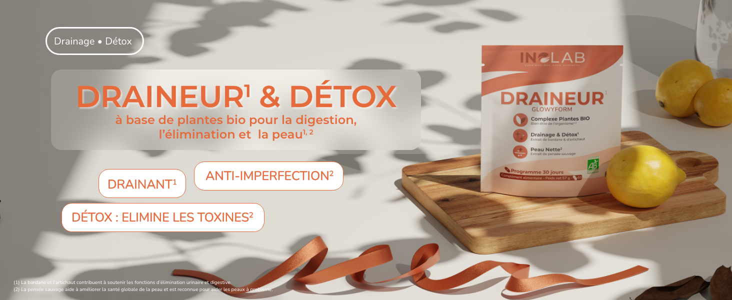 Le texte indique « DRAINEUR & DETOX ». Série de photos de produits montrant des câbles de connexion audio noirs et dorés avec différents types de connexion et configurations.