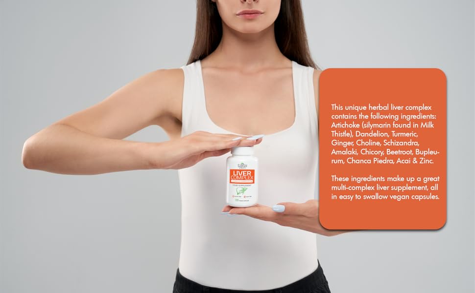 healthy lady holding multi complex liver support bottle containing 120 vegan capsules