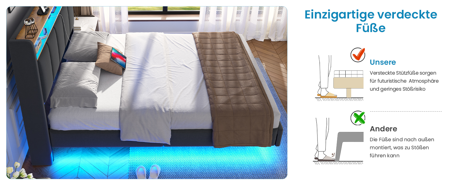 Modernes Bett mit weißer Bettwäsche und braunem Akzent. Verfügt über versteckte Füße und blaue LED-Beleuchtung auf der Unterseite. Das Diagramm vergleicht das einzigartige Fußdesign mit Standardbetten.
