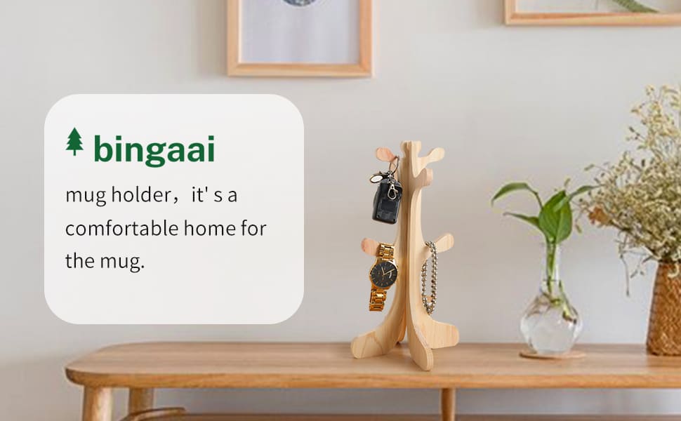 bingaai Mug Tree, Hinoki Wood Mug Holder, Small Tree Shape