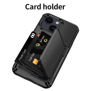 Black phone case with built-in card holder. Slots for multiple cards visible on back of case. Compatible with smartphone featuring dual camera system.