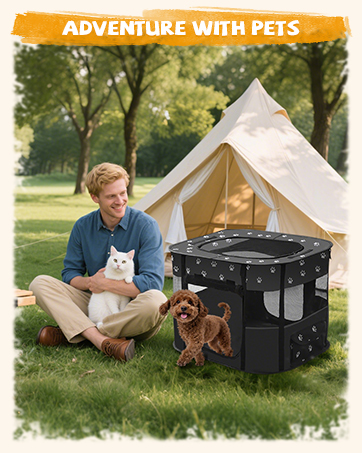 Text reads 'ADVENTURE WITH PETS'. Outdoor scene with person sitting by camping tent, black storage container, and two dogs on grassy area.