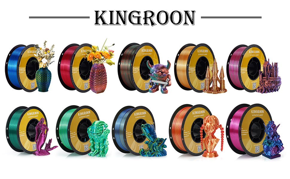 Kingroon PLA Filament, Triple Color Silk PLA Filament 10 Rolls, 10kg Spool(22lbs), 1.75 mm, Dimensional Accuracy +/- 0.03 mm, 10 Different Triple Colors 17 silk PLA filament