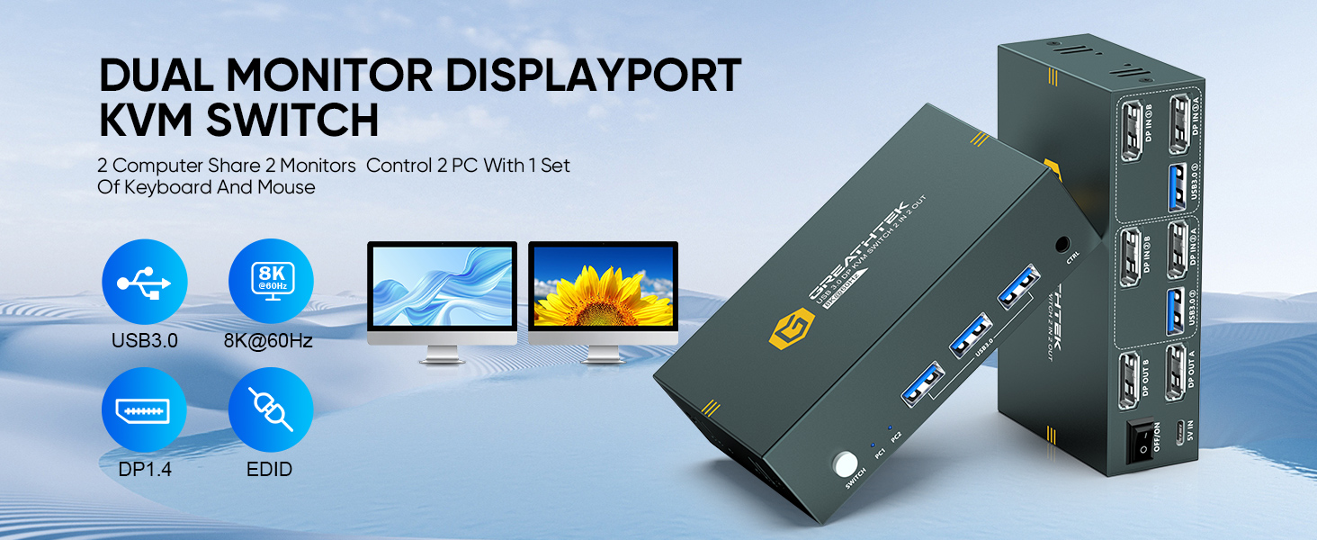 GREATHTEK 8K KVM Switch DisplayPort 2 Monitors 2 Computers with 3 USB 3