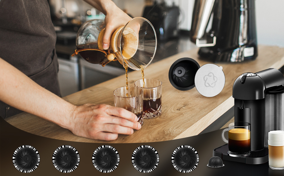 Reusable Vertuo Pods(5Pcs), Espresso Aluminum Foils Lids (60Pcs) for