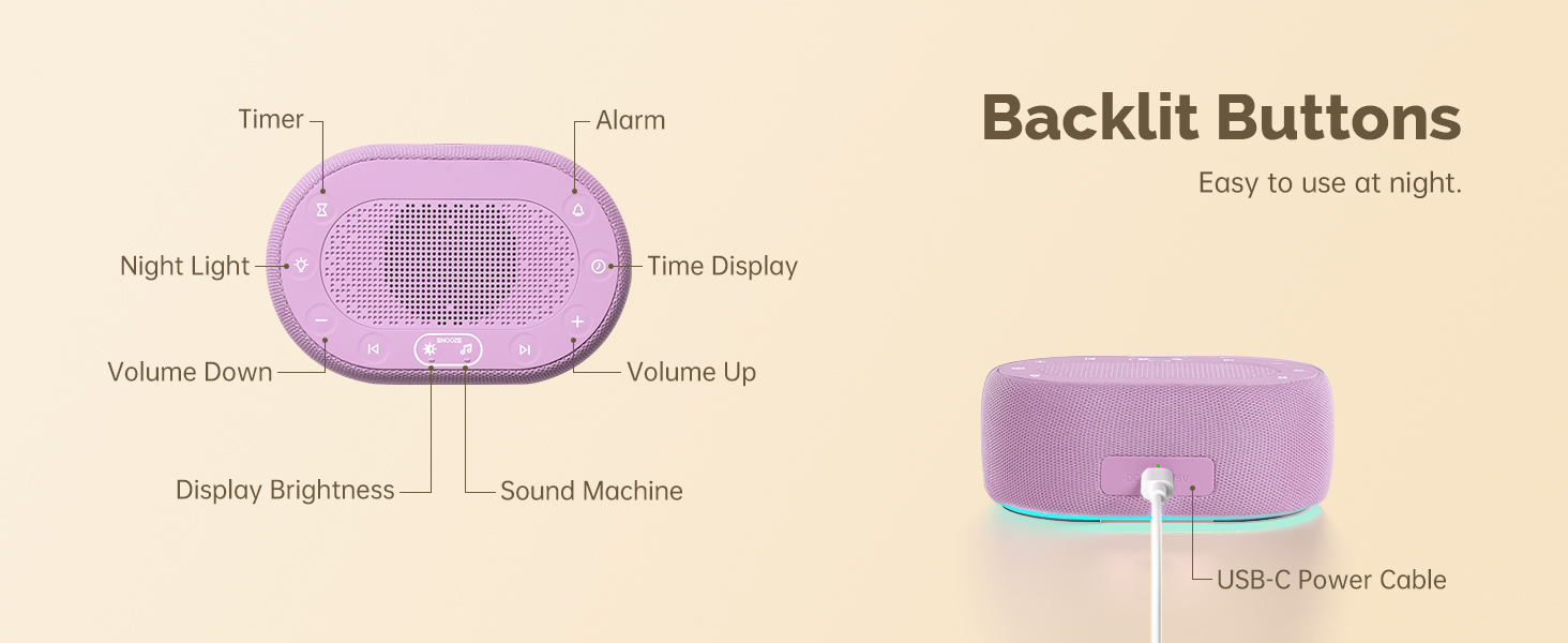 Brown Noise Sound Machine - Backlit Buttons. Easy to use at night