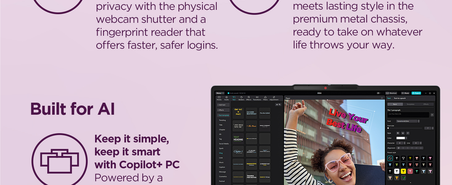 AI-driven Copilot+ PC with 45 TOPS NPU powers multitasking, smooth video calls, and all-day battery.