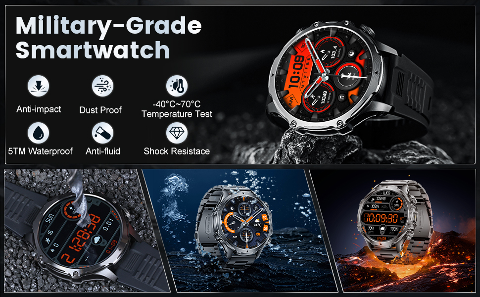 Military-grade smartwatch with orange-red display, showcasing water resistance, durability, and multiple features. Composite image shows watch in various rugged environments.