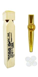 Wooden Train Whistle and Gold Kazoo for Music Instrument Gifts Wood Educational Toys