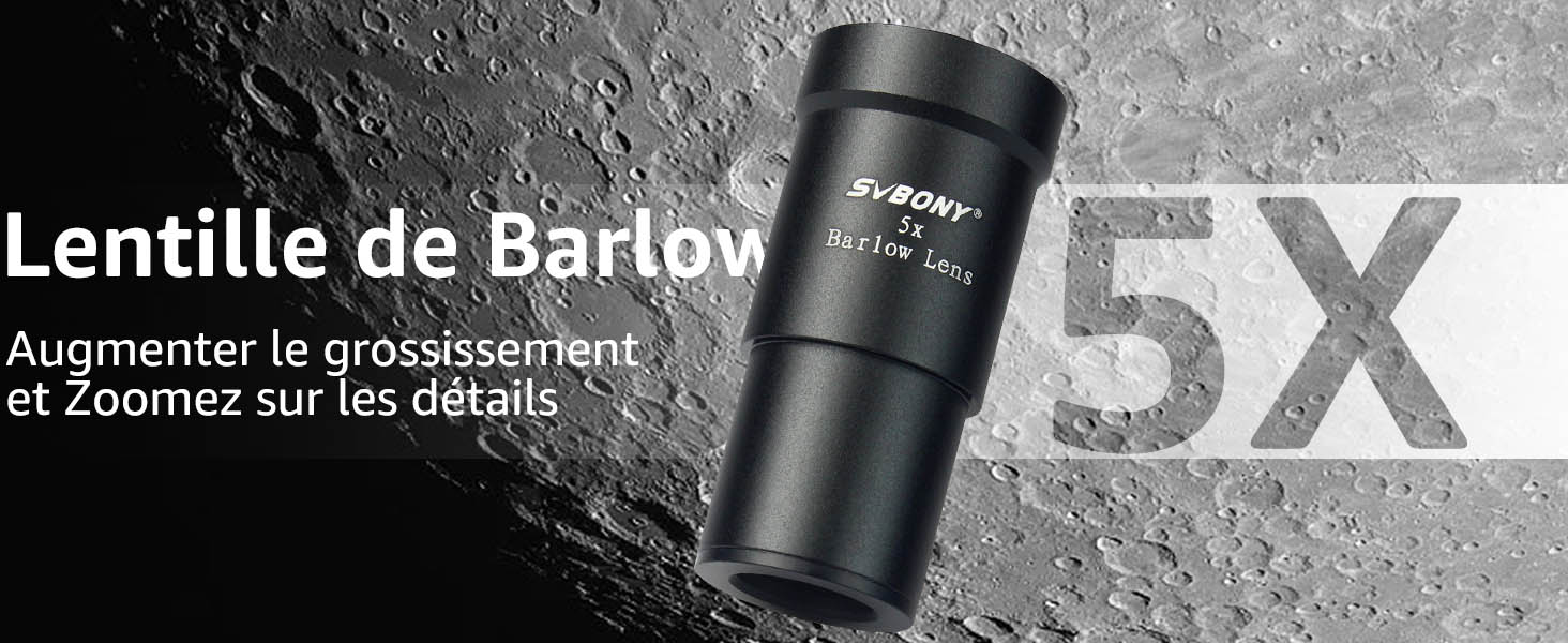 Svbony Barlow Lentille 5X, 1,25 Pouces Métal Barlow Full Multi Coated