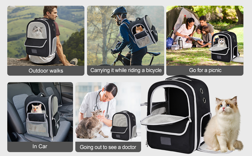 Black and white pet carrier backpack shown in multiple use scenarios: hiking, biking, picnicking, car travel, and with cat.