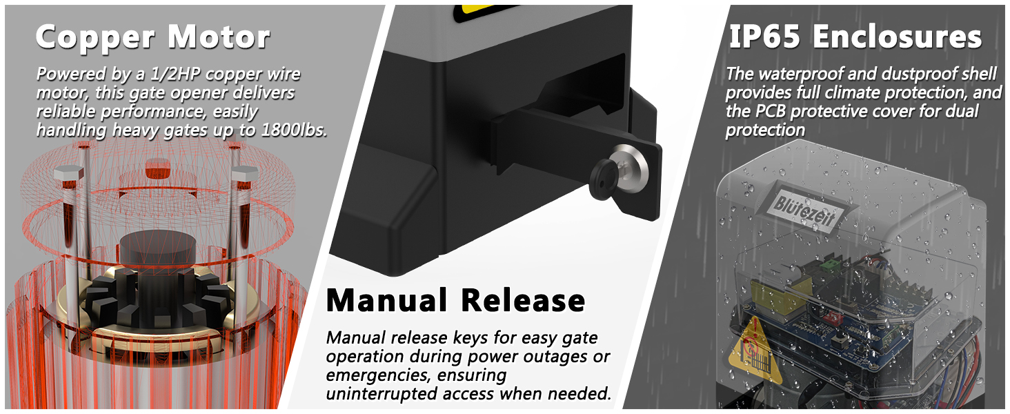 copper motor, manual release key, waterproof sliding gate opener heavy duty