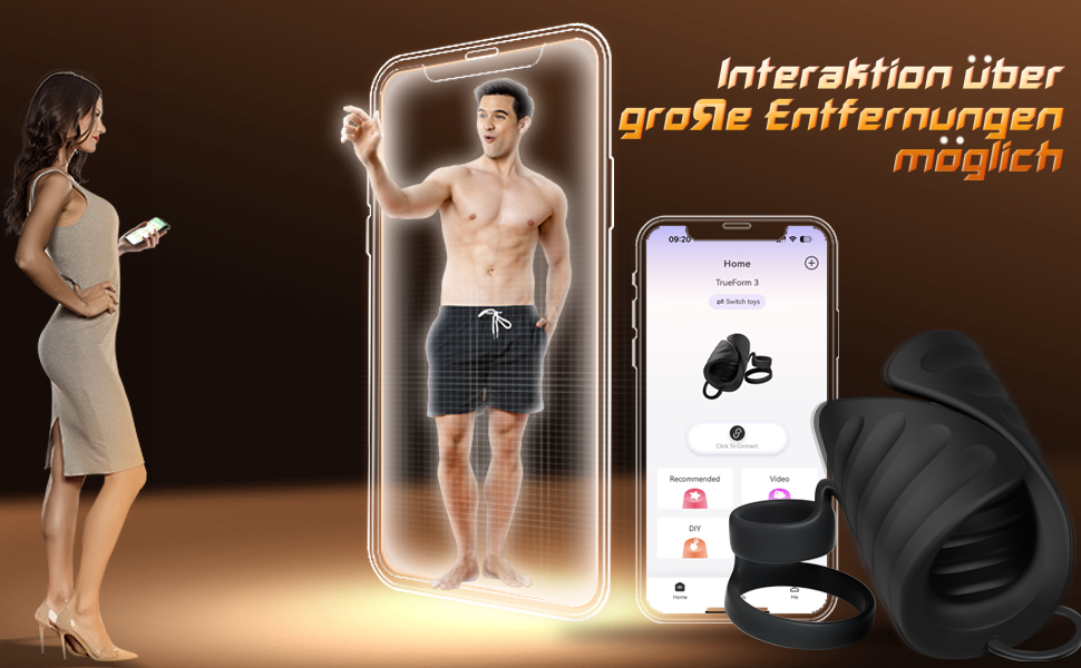 Der Text lautet „Interaktion über große Entfernungen möglich“. Bilderserie, die die Interaktion von Mobilgeräten mit stehenden Figuren zeigt.