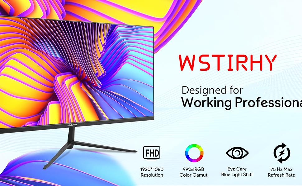 Wstirhy 24 Zoll Monitor Full HD 1920 x 1080 IPS Bildschirm LED Monitor mit HDMI VGA , PC Monitor
