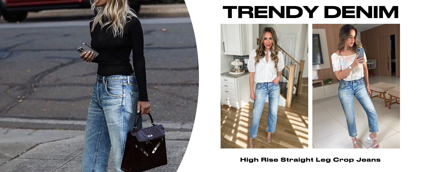 Flamingals High Waisted Raw Hem Straight Leg Cropped Jeans for Women