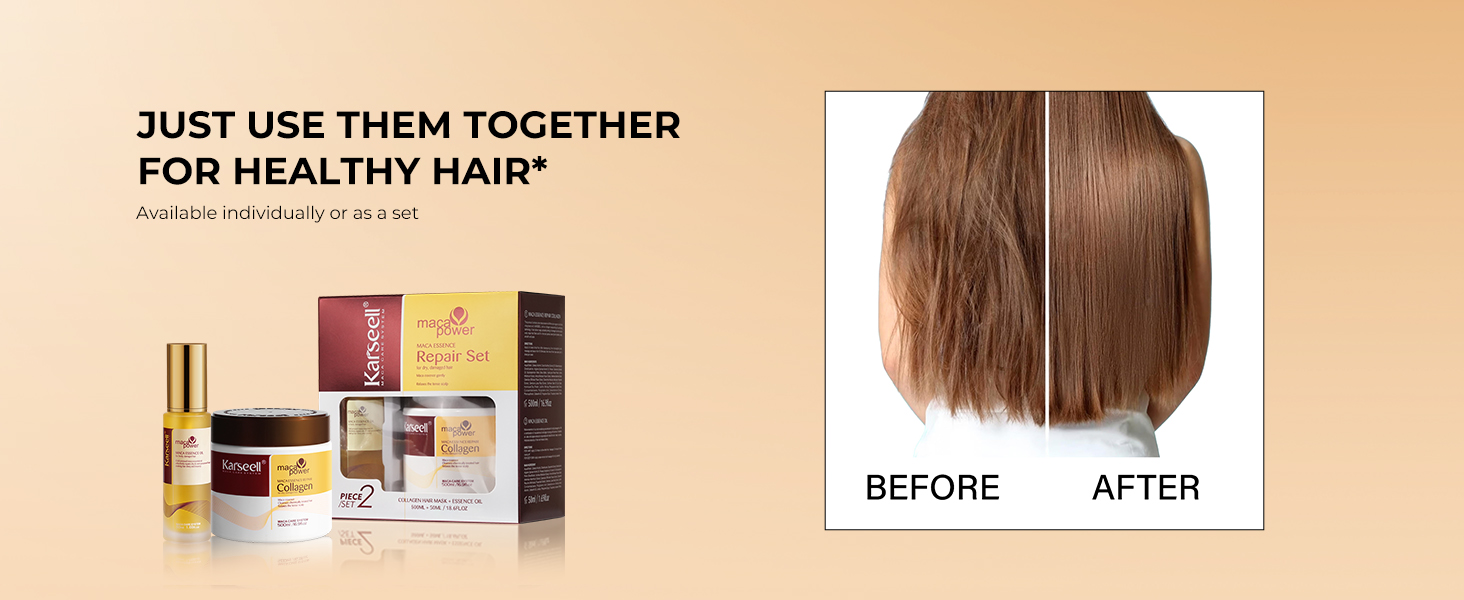 comprenant des bouteilles et des pots, ainsi que des images avant et après de cheveux démontrant une amélioration de la santé et de l'apparence des cheveux.