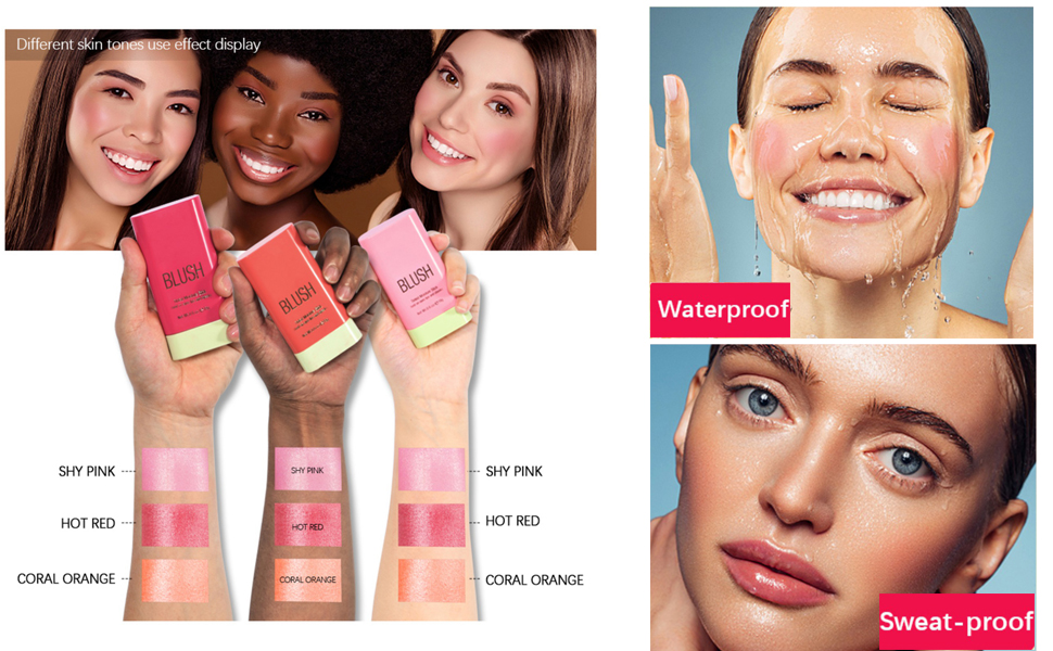 Blush Stick, Cream Blush Stick for Cheeks, Waterproof