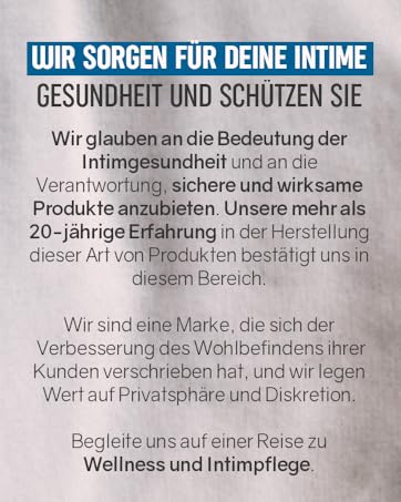 Text in German discussing intimate health products. Mentions 20+ years of experience, commitment to customer well-being, and focus on wellness and intimate care.