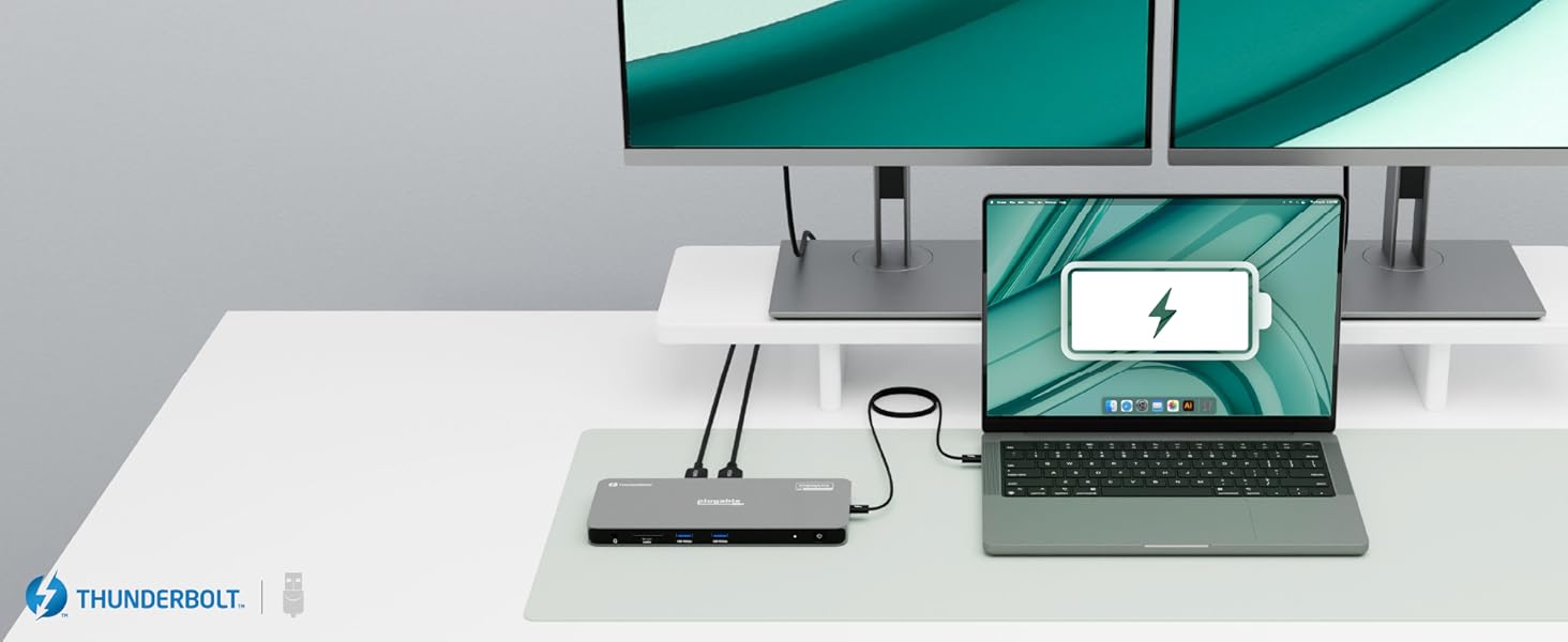Plugable Thunderbolt docking station TBT-6950PD charging laptop on dual monitor desk setup