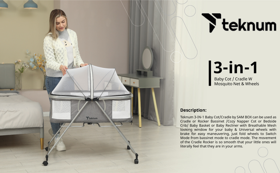 Teknum 3-IN-1 Baby Cot/Cradle w/ Mosquito net & Wheels - Dark Grey
