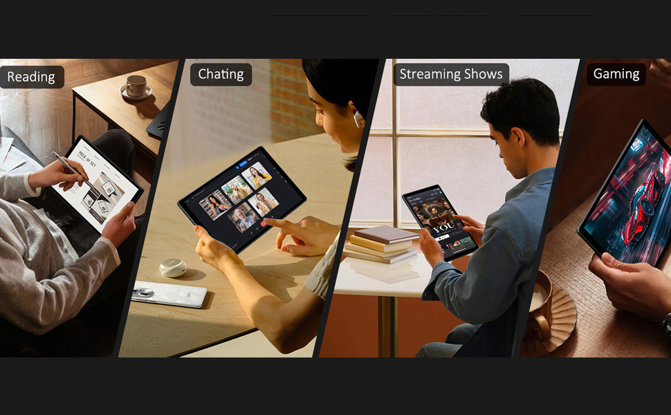 Series of images showing people interacting with mobile devices in dimly lit environments, displaying various screen interfaces.
