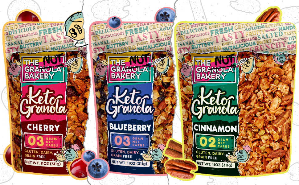 keto granola low carb sugar treat dessert breakfast snack fruit blueberry chocolate cinnamon