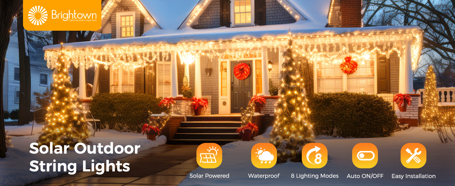 Brightown Solar String Lights Outdoor - 40FT 100 LED String Lights Solar Powered with 8 Lighting Modes, IP65 Waterproof Patio Lights, Solar Lights for Outside Tree Balcony Gazebo Party, Warm White 9 Solar String Lights Outdoor