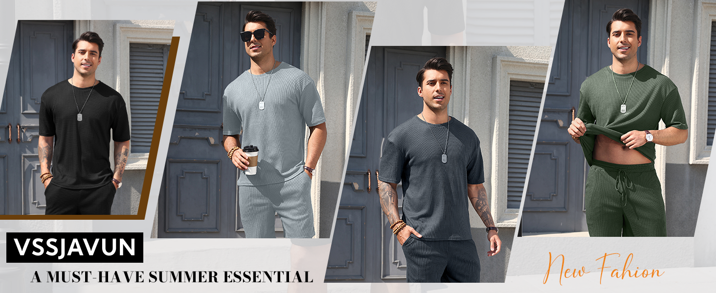 Men's 2 Piece Outfits Short Sleeve Waffle Knit Tracksuit