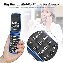 Flip phone with large buttons designed for elderly users. Blue casing, big numeric keypad, and clear display showing numbers.