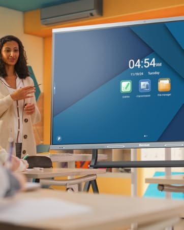 teacher and student in classroom, they interactive through smart board