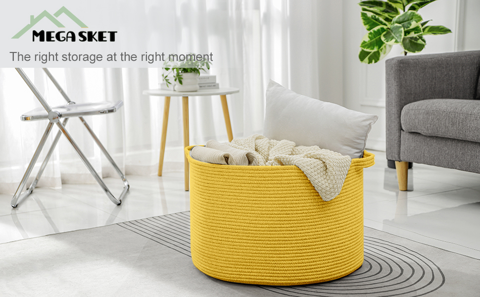 MEGASKET Extra Large Yellow Basket, 22” X 22” X 14” Woven Cotton Rope Storage Basket