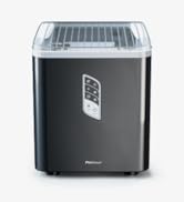 Countertop ice maker with black exterior, clear top lid, and digital control panel. Brand name visible as Pohl Schmitt on the front.