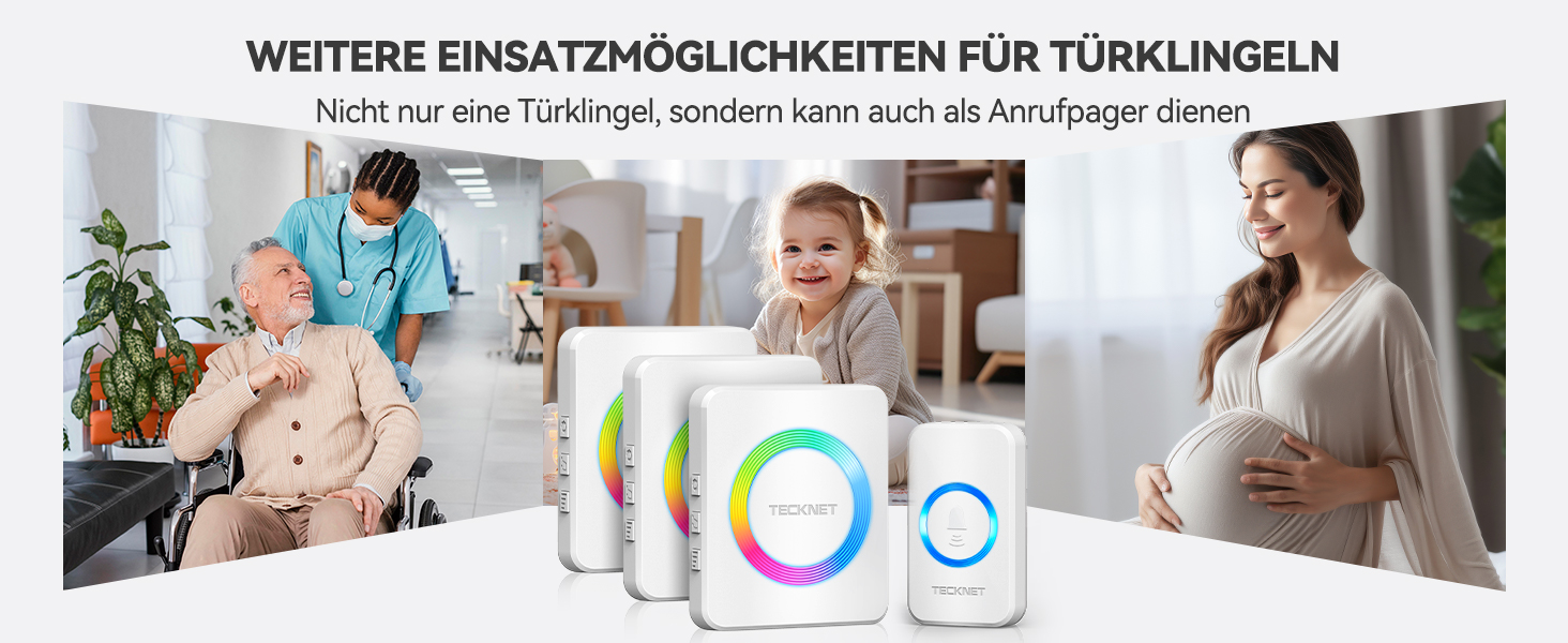 Serie von Smart-Home-Geräten, die in verschiedenen Raumeinstellungen gezeigt werden. Die kreisförmigen Benutzeroberflächen zeigen verschiedene Nutzungsszenarien an.