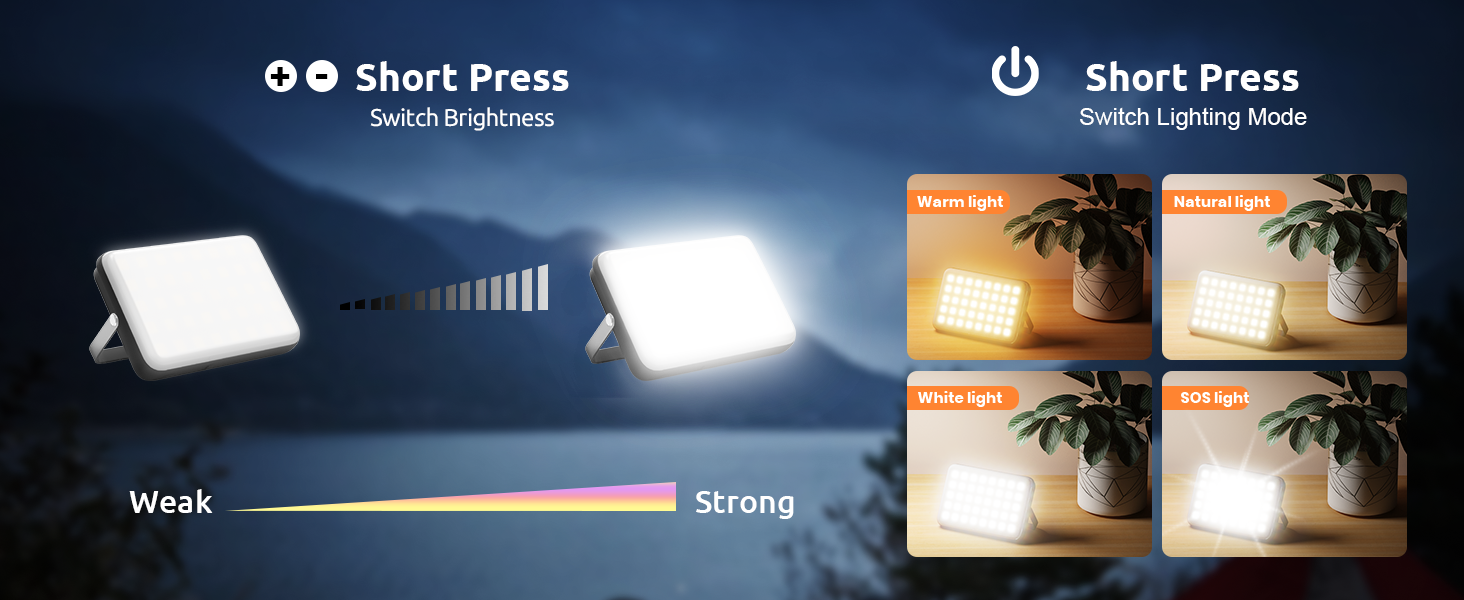 Comparison of LED light brightness levels, showing 'Short Press' and 'Long Press' modes with weak to strong illumination on a palm tree.