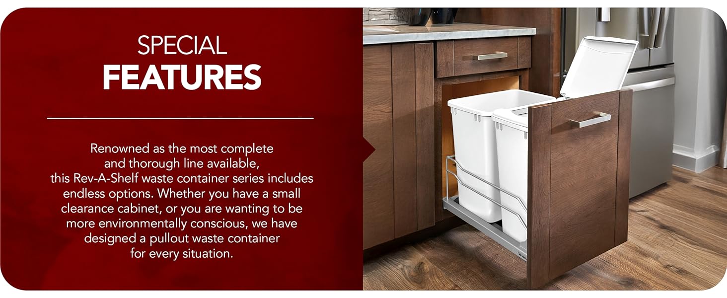 A pullout waste can under a counter. Text reads: Special Features.