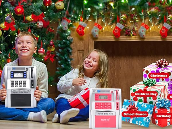 atm piggy bank for real money for kids digital coin safe box electronic black purple