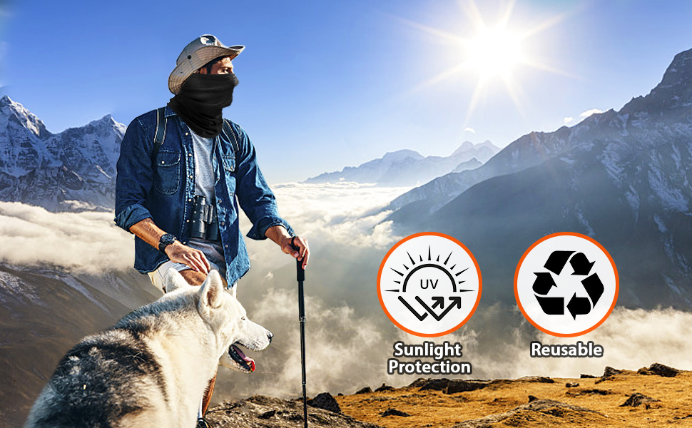 Mountain hiking scene featuring denim jacket with UV protection and reusable features, shown with two circular icons indicating sunlight protection and recyclability against snowy mountain backdrop.