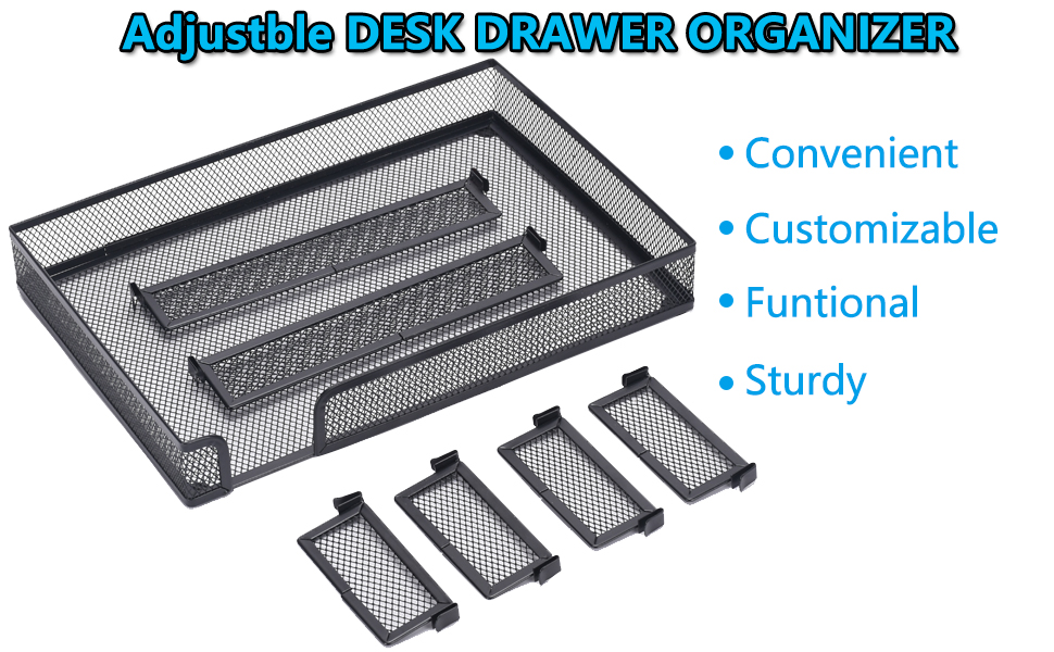 Flytreal Desk Drawer Organizer Tray, Mesh Adjustable Desk