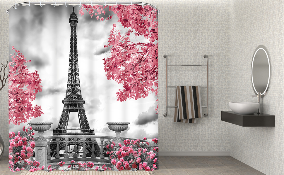 Claswcalor Paris Eiffel Tower Shower Curtain, Pink and Grey