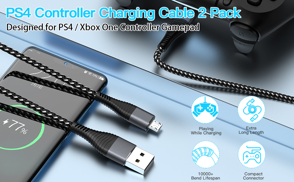 Micro USB Charger Cable 3M for PS4 Controller, Work for Sony