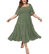 SCOMCHIC Women's Plus Size Flowy Maxi Dress Flutter Short Sleeve Boho Dress Square Neck Smocked F...